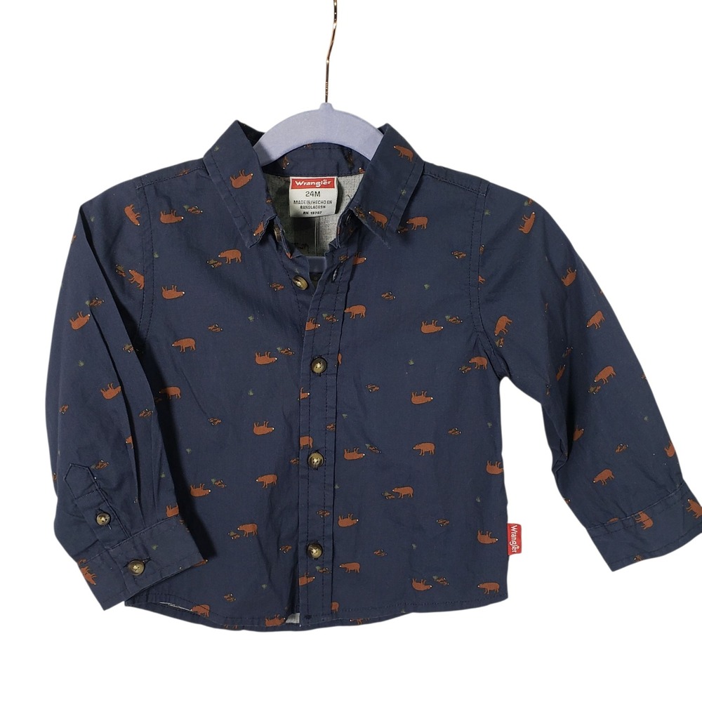 Wrangler Boys 24M Navy Blue Button Down Shirt Bear‎ Print Long Sleeve
